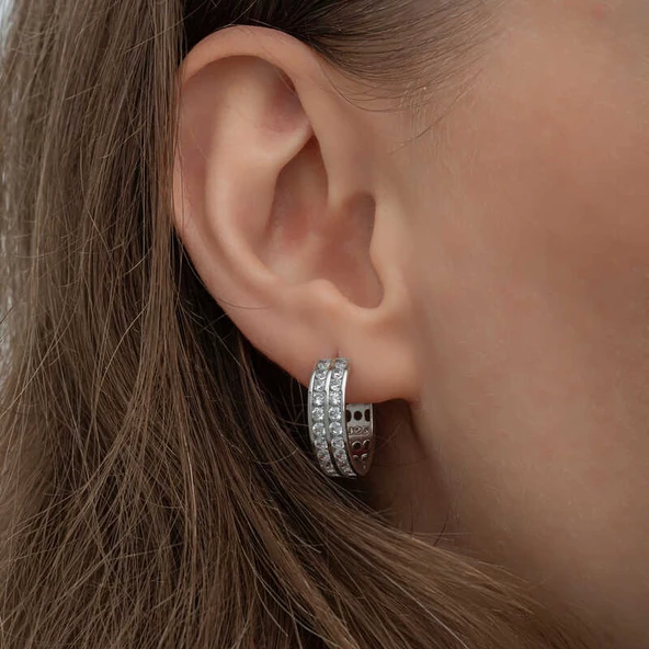 Gümüş Sıra Taşlı Halka Kadın Küpe SL6610 - Resim 6