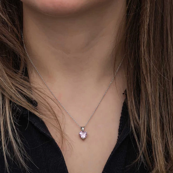 Gümüş Pembe Taşlı Kalpli Kadın Kolye SL6921 - Resim 3