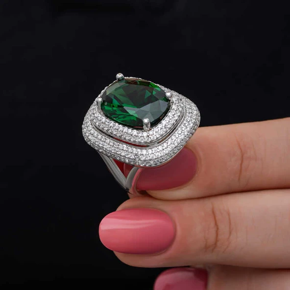 Gümüş Yeşil Zirkon Taşlı Kadın Yüzük SL6831 - Resim 10