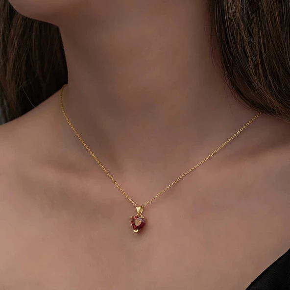 Gümüş Gold Kırmızı Taşlı Kalpli Kadın Kolye SL6282 - Resim 7