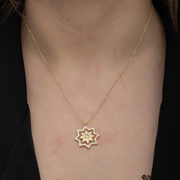 Gümüş Gold Kar Tanesi Kadın Kolye SL6642 - Resim 3