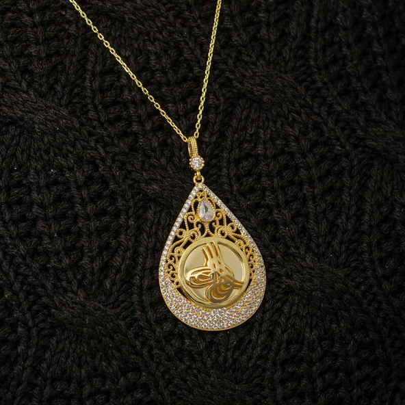 Gümüş Gold Kaplama Damla Tuğralı Kadın Kolye SL7288 - 3
