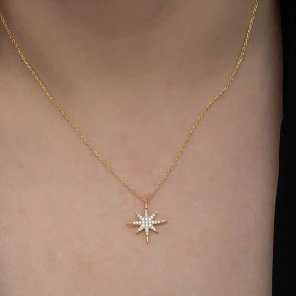 Gümüş Gold Kutup Yıldızı Kadın Kolye SL6657 - Resim 6