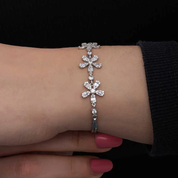 Gümüş Baget Çiçek Desenli Kadın Bileklik  SL6721 - Resim 3