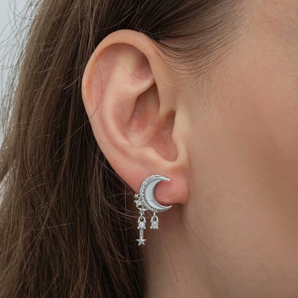 Gümüş Sallantılı Ay Yıldız Kadın Küpe SL6597 - Resim 6