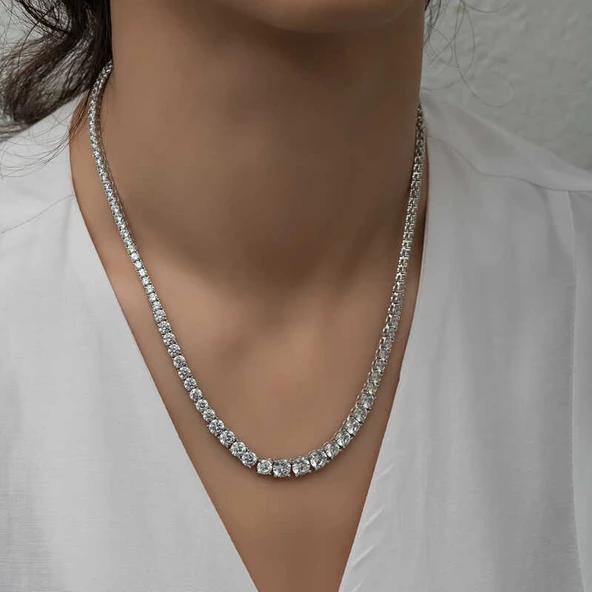 Gümüş Süzme Beyaz Taşlı Su Yolu Kadın Kolye SL7015 - Resim 2