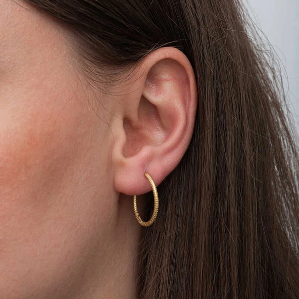 Gümüş Gold Kalemli Halka Kadın Küpe SL6679 - Resim 7