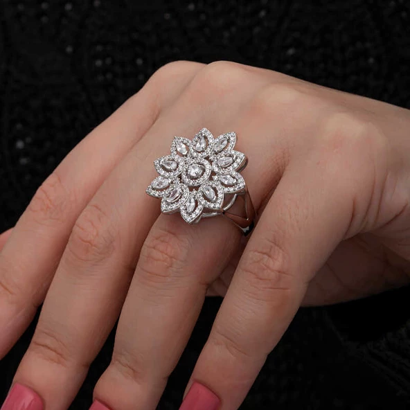 Gümüş Zirkon Taşlı Çiçek Kadın Yüzük  SL7163 - Resim 7