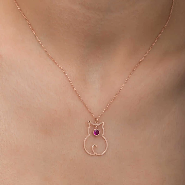 Gümüş Temmuz Ayı Doğum Taşı Kedi Kadın Kolye SL6320 - Resim 5