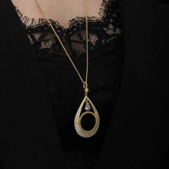 Gümüş Gold Kaplama Damla Çeyrek Takılabilen Kadın Kolye  SL6626 - Resim 11