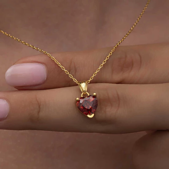 Gümüş Gold Kırmızı Taşlı Kalpli Kadın Kolye SL6282 - Resim 3
