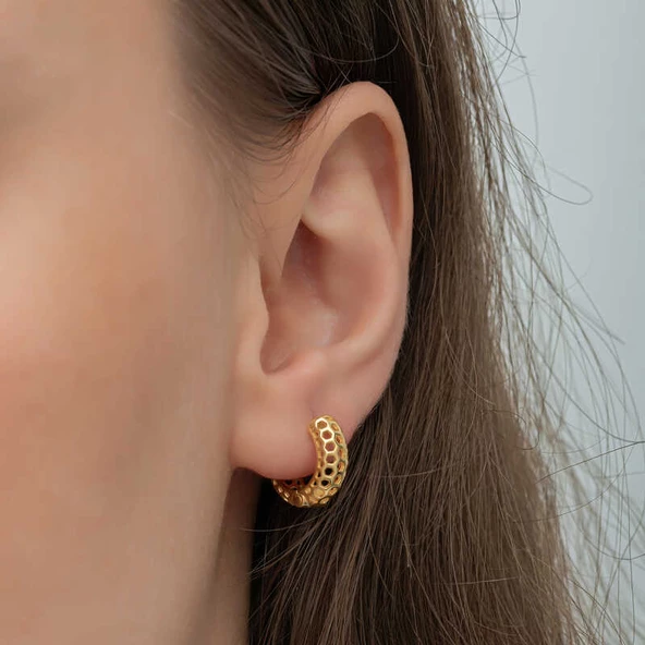 Gümüş Gold Petek Desenli Halka Kadın Küpe SL6602 - Resim 6