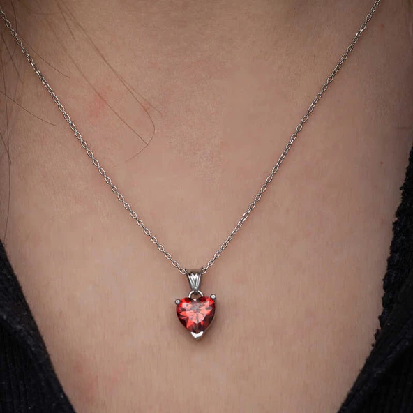Gümüş Kırmızı Taşlı Kalpli Kadın Kolye  SL6922 - Resim 5
