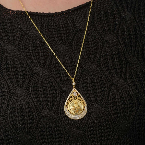 Gümüş Gold Kaplama Damla Tuğralı Kadın Kolye SL7288 - 2