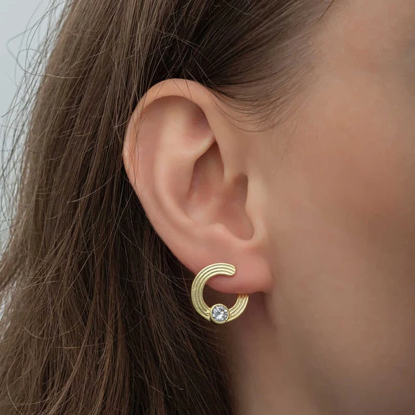 Gümüş Gold Tektaş Halka Kadın Çivili Küpe SL6598 - Resim 3