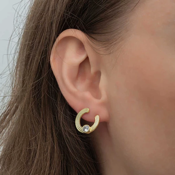 Gümüş Gold Tektaş Halka Kadın Çivili Küpe SL6598 - Resim 6