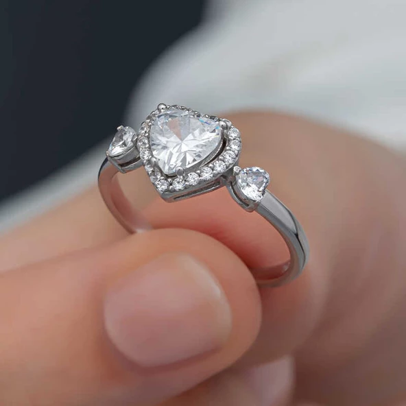 Gümüş Beyaz Taşlı Kalpli Kadın Yüzük  SL6262 - Resim 3