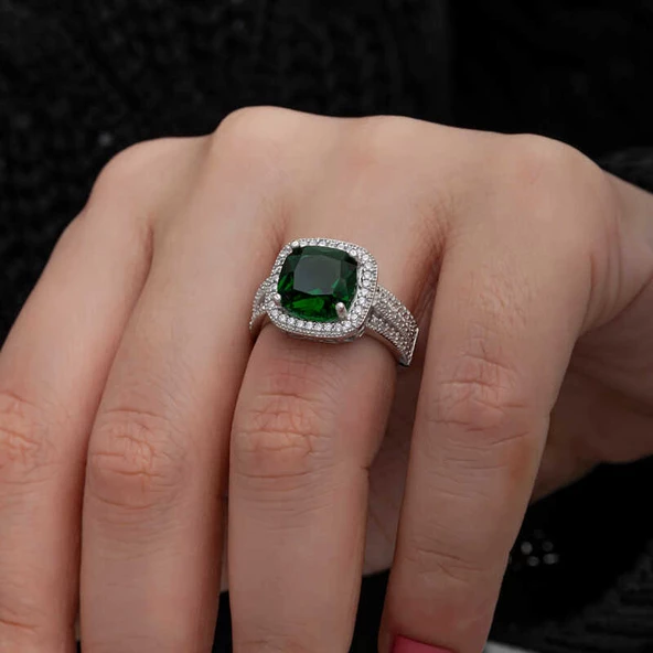 Gümüş Yeşil Baget Kare Kadın Yüzük SL7201 - Resim 9