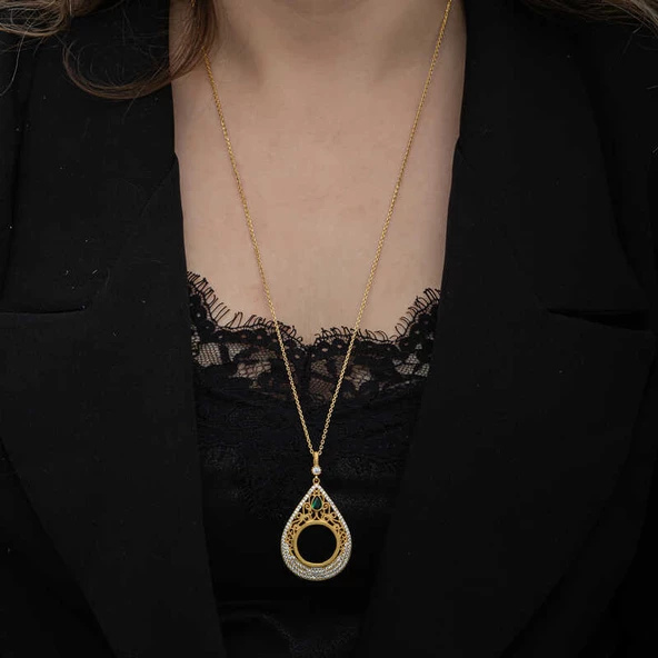 Gümüş Gold Kaplama Damla Çeyrek Takılabilen Kadın Kolye  SL6625 - Resim 3