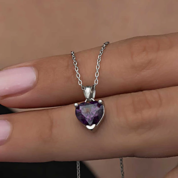 Gümüş Mor Taşlı Kalpli Kadın Kolye  SL6280 - Resim 6