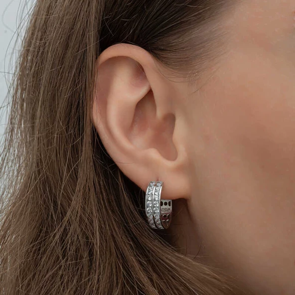 Gümüş Sıra Taşlı Halka Kadın Küpe SL6610 - Resim 5