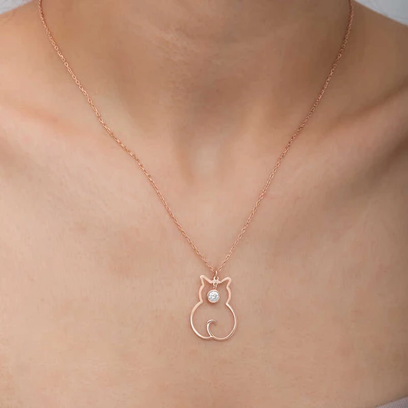 Gümüş Nisan Ayı Doğum Taşı Kedi Kadın Kolye SL6318 - Resim 9
