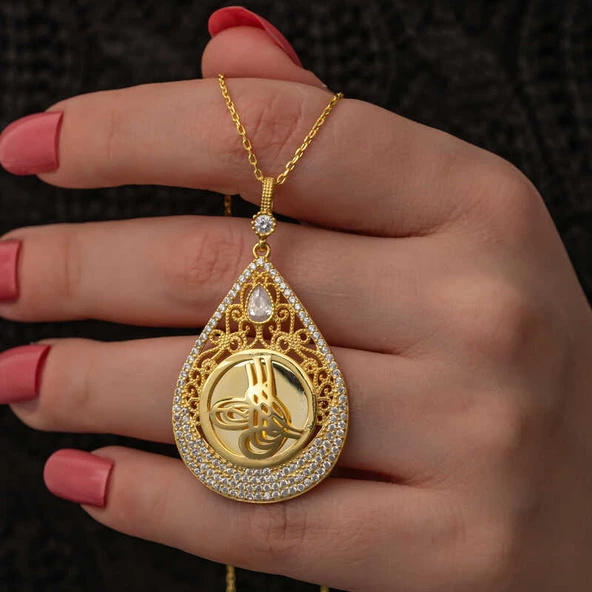 Gümüş Gold Kaplama Damla Tuğralı Kadın Kolye SL7288 - 1
