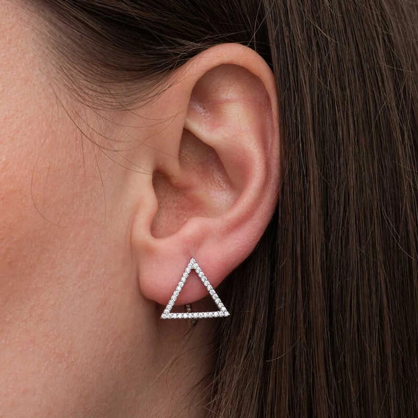 Gümüş Beyaz Taşlı Üçgen Küpe  SL6688 - Resim 2