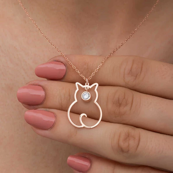 Gümüş Nisan Ayı Doğum Taşı Kedi Kadın Kolye SL6318 - Resim 10