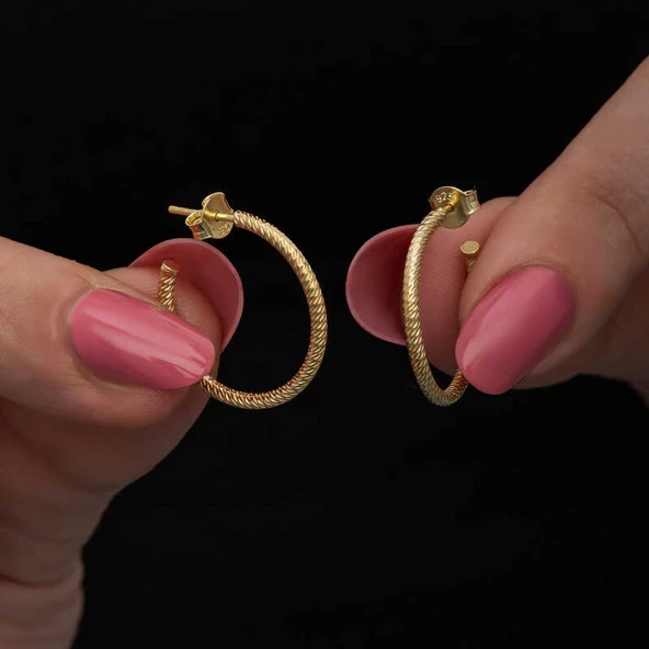 Gümüş Gold Kalemli Halka Kadın Küpe SL6679 - Resim 5