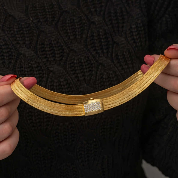 Gümüş Gold Zirkon Taşlı Trabzon Hasır Kadın Kolye SL7299 - Resim 2
