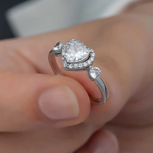 Gümüş Beyaz Taşlı Kalpli Kadın Yüzük  SL6262 ürün görseli