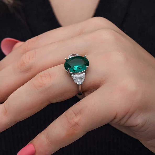 Gümüş Yeşil Renk Paraiba Taşlı Kadın Yüzük  SL6848 - Resim 7