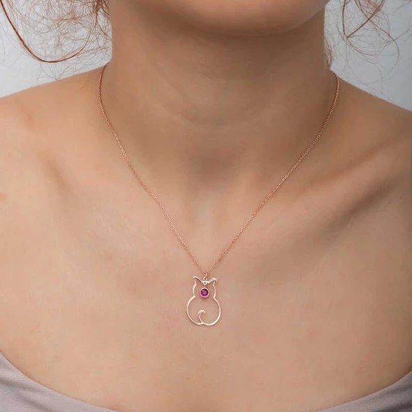 Gümüş Temmuz Ayı Doğum Taşı Kedi Kadın Kolye SL6320 - Resim 8