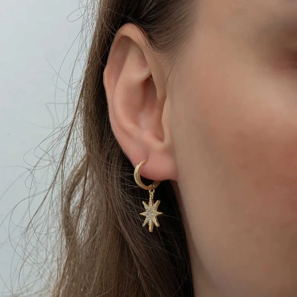 Gümüş Gold Sallantılı Kutup Yıldızı Kadın Küpe SL6593 - Resim 6