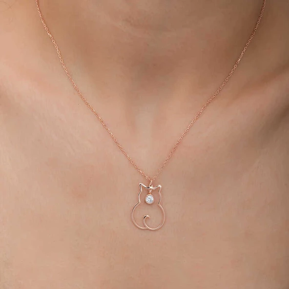 Gümüş Nisan Ayı Doğum Taşı Kedi Kadın Kolye SL6318 - Resim 5