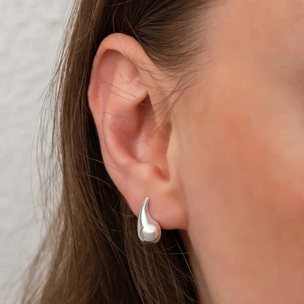 Gümüş Gözyaşı Damla Çivili Kadın Küpe T8734 - Resim 3