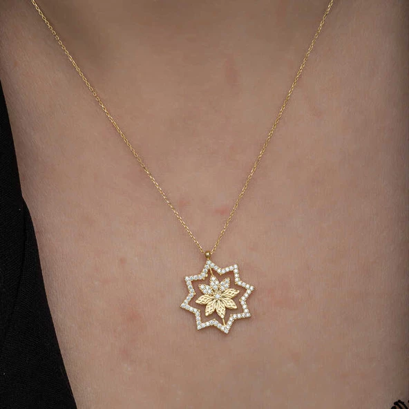 Gümüş Gold Kar Tanesi Kadın Kolye SL6642 - Resim 5