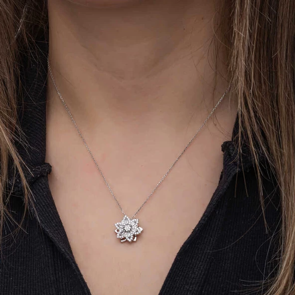 ​Gümüş Yıldız Baget Taşlı  Dönen Stres Kadın Kolye - Resim 5