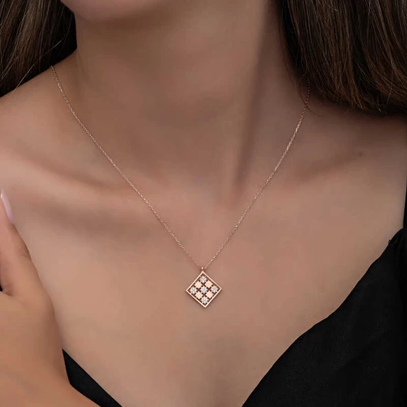 Gümüş Rose Dörtgen Zirkon Taşlı Kadın Kolye SL6283 - Resim 3