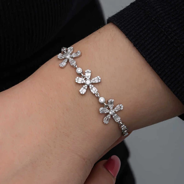 Gümüş Baget Çiçek Desenli Kadın Bileklik  SL6721 - Resim 5