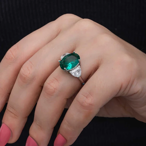 Gümüş Yeşil Renk Paraiba Taşlı Kadın Yüzük  SL6848 ürün görseli