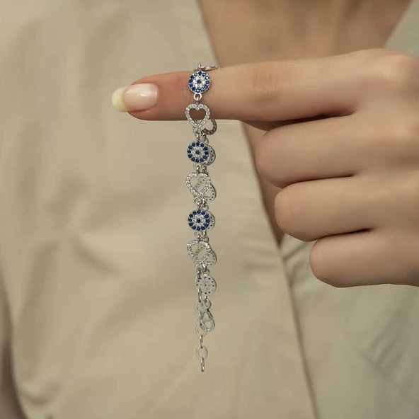 Gümüş Kalpli Nazar Bayan Bileklik SL7026 - Resim 6