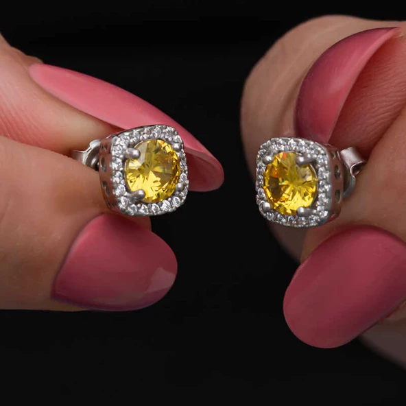 Gümüş Sarı Baget Taşlı Çivili Kadın Küpe  SL6885 ürün görseli