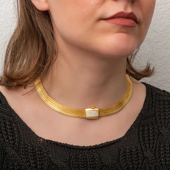 Gümüş Gold Zirkon Taşlı Trabzon Hasır Kadın Kolye SL7299 - Resim 3