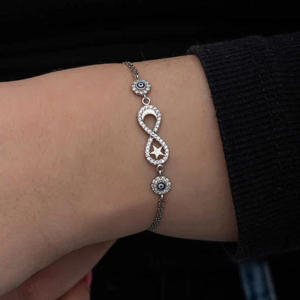 Gümüş Ay Yıldız Nazarlı Sonsuzluk Kadın Bileklik SL6711 - Resim 6