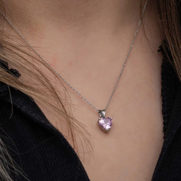 Gümüş Pembe Taşlı Kalpli Kadın Kolye SL6921 - Resim 4