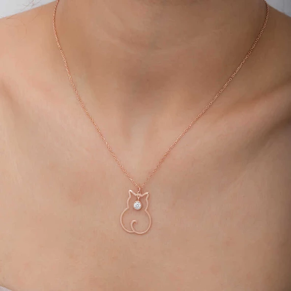 Gümüş Nisan Ayı Doğum Taşı Kedi Kadın Kolye SL6318 - Resim 6