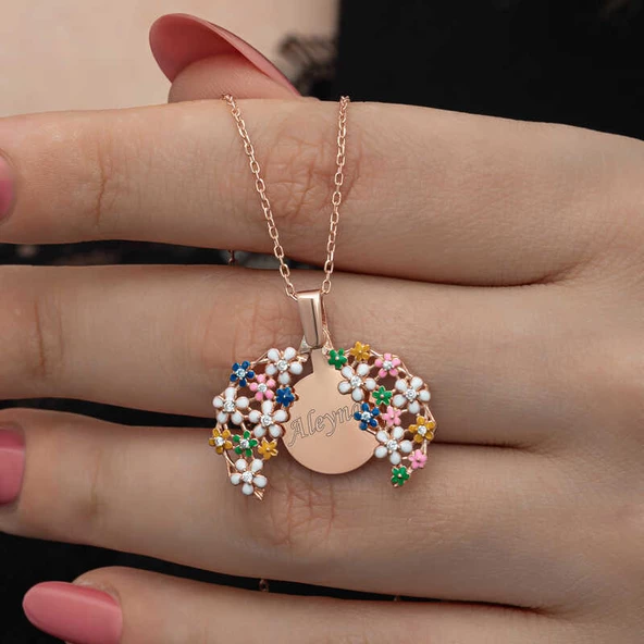 Gümüş Rose Renkli Çiçek Kişiye Özel Kadın Kolye SL6667 - Resim 2