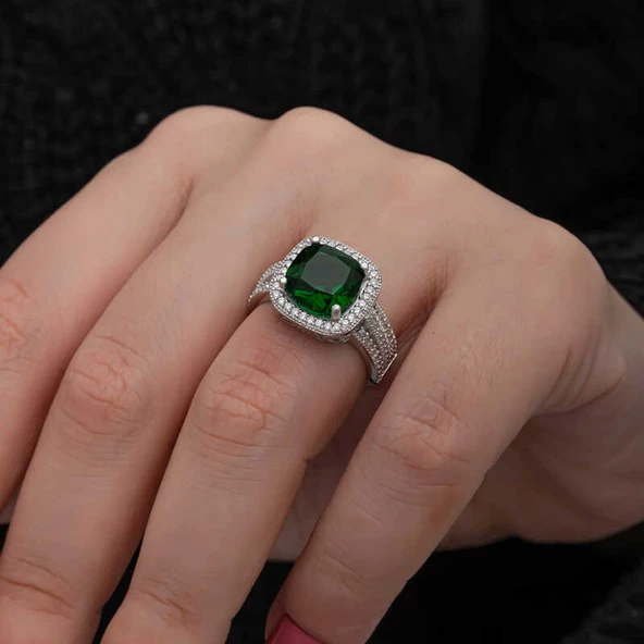 Gümüş Yeşil Baget Kare Kadın Yüzük SL7201 - Resim 7